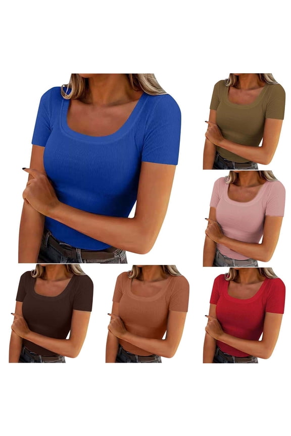 Ribbed Knit Petite Short Sleeve Tops for Women Trendy Base Layer Round Neck Shirts Summer Casual Solid Crop Blouse Fashion Slim Fit Tops Going Out Tops