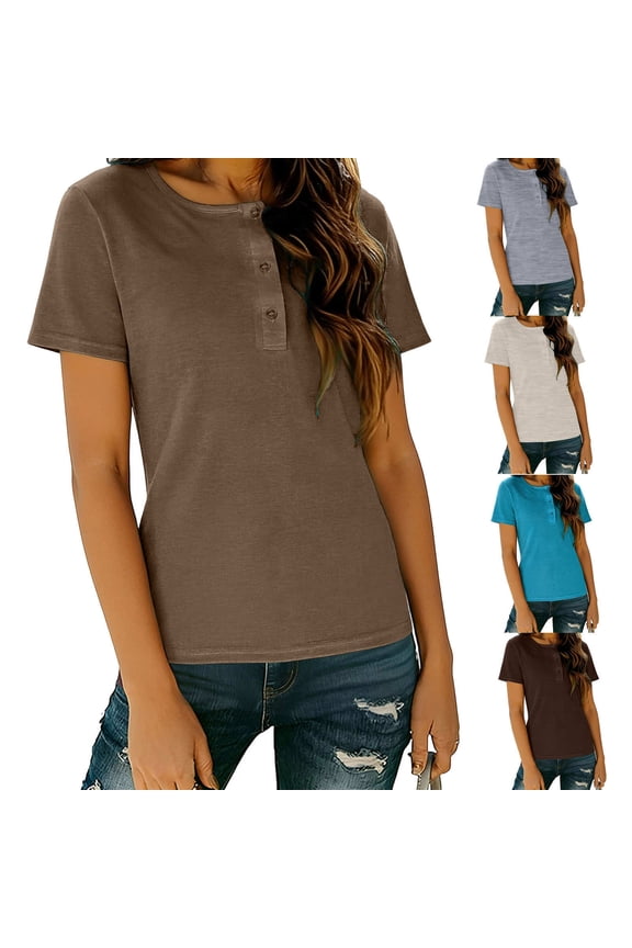 Ribbed Knit Round Neck Shirts for Women Summer Basic Short Sleeve Henley Tops Trendy Casual Button Blouse