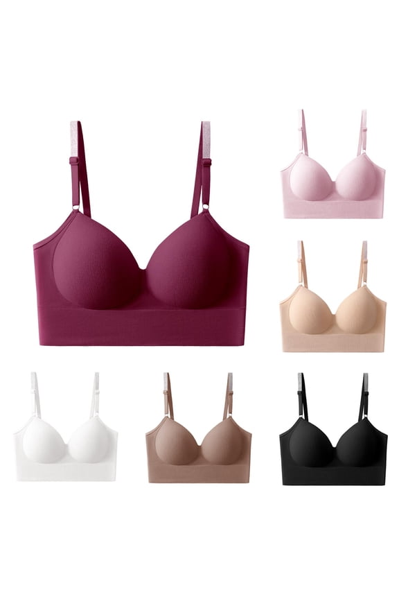 Ribbed V Neck Wireless Push Up Bras Thin Adjustable Shoulder Strap Side Support Daily Underwear Black M