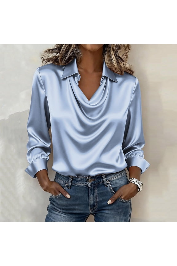 Satin Blouses for Women Rolled Long Sleeve Cowl Neck Collared Shirts Elegant Silky Flowy Office Wear Tops Light Blue L