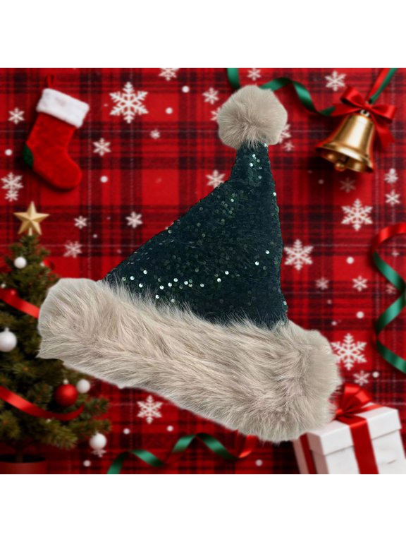 Sequin Santa Hat With Gray Faux Fur Trim Pom Pom Sparkle Holiday Christmas Costume Hats