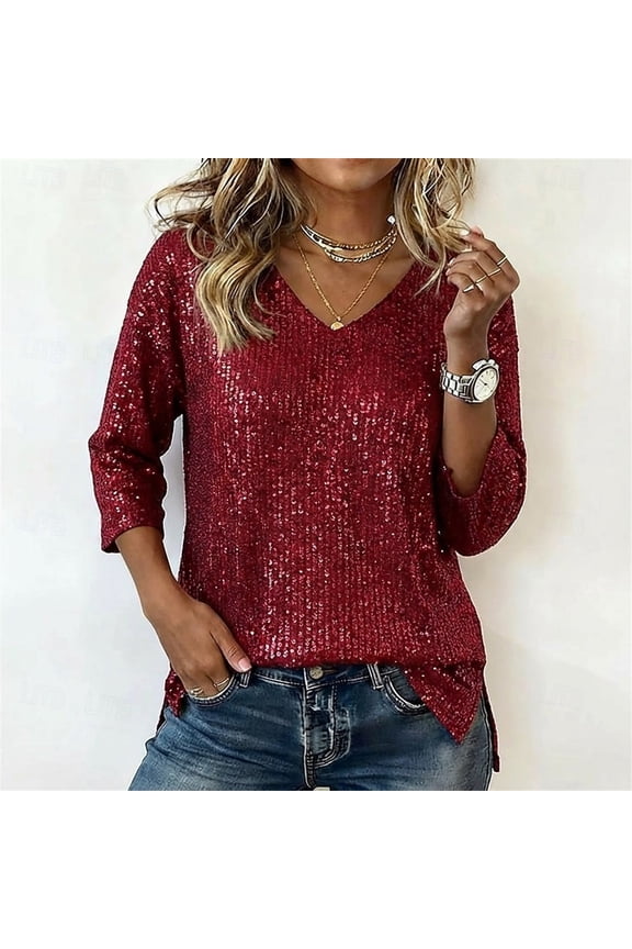 Sequined 3/4 Sleeve Shirts for Women Trendy Casual V Neck Blouse Shiny Party Night Club Tops with Slit Hem