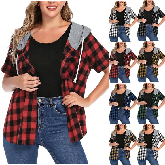 Inverlee Short Sleeve Hooded Plaid Shirts for Women Button Front Open Shacket Buffalo Check Cardigans Street Daily Looks Black (S-XXL)