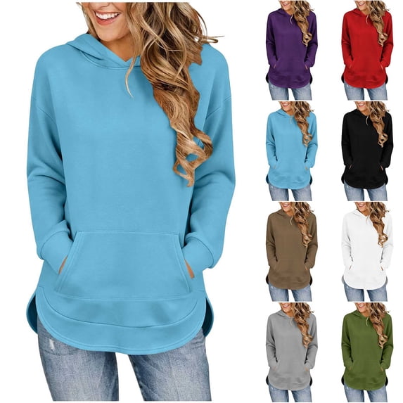 Inverlee Side Split Curved Hem Pullover Hoodies Solid Drawstring Hood Front Kangaroo Pocket Loose Daily Long Sleeve SweatshirtsArmy Green(S-XXL)