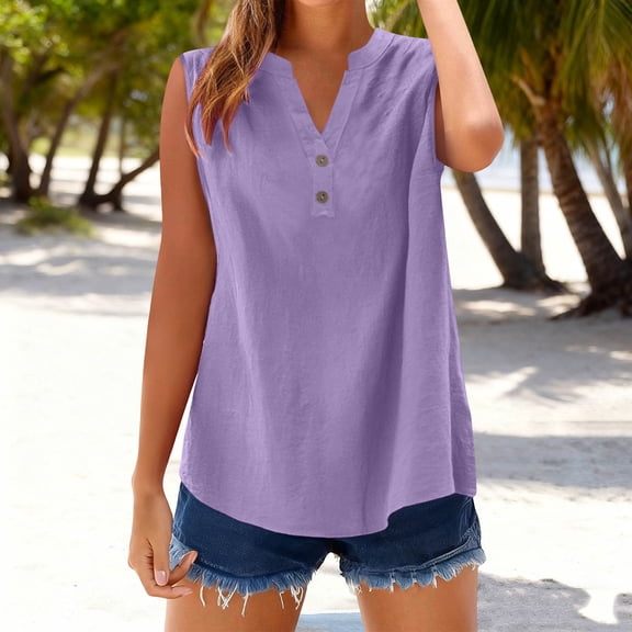 Inverlee Sleeveless Tank Tops for Women Notch V Neck Cotton Linen Tunics Summer Casual Henley Shirts