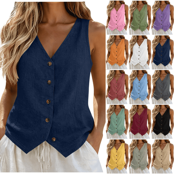 Inverlee Solid Color Sleeveless Vests for Women V Neck Button Front Casual Tops Lightweight Daily Shirts Navy L
