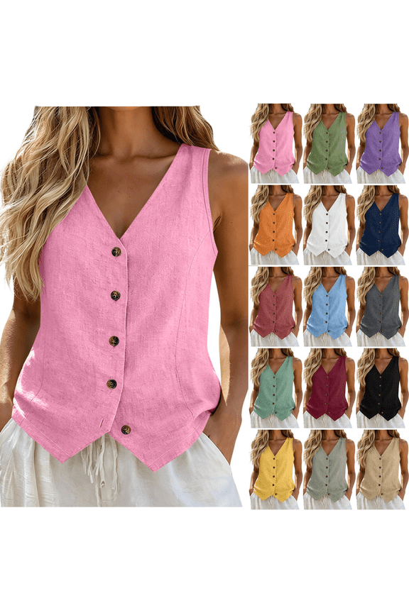 Solid Color Sleeveless Vests for Women V Neck Button Front Casual Tops Lightweight Daily Shirts Pink XXL