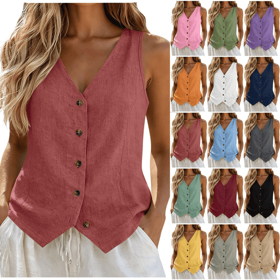 Inverlee Solid Color Sleeveless Vests for Women V Neck Button Front Casual Tops Lightweight Daily Shirts Watermelon Red L