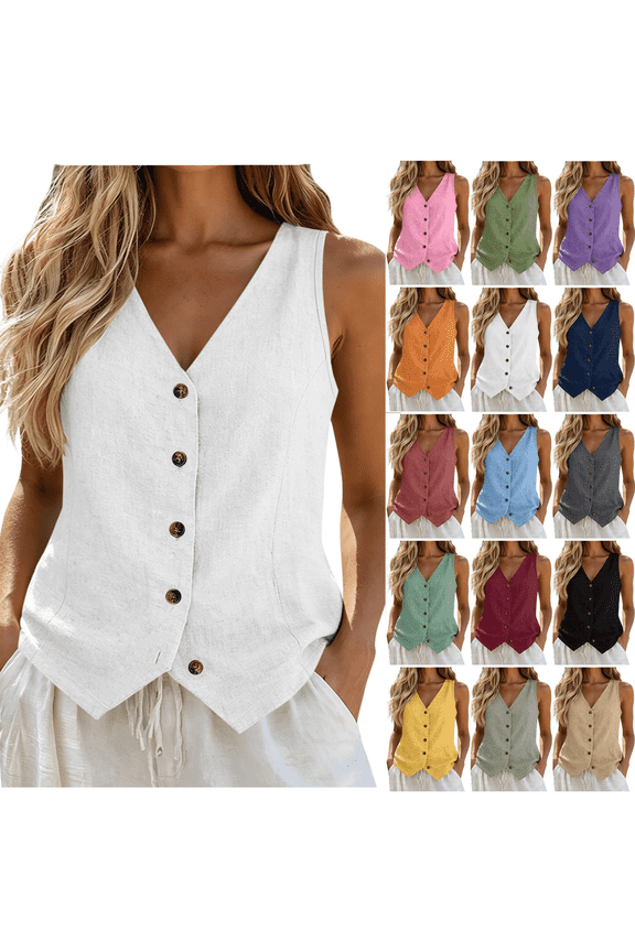 Solid Color Sleeveless Vests for Women V Neck Button Front Casual Tops Lightweight Daily Shirts White S