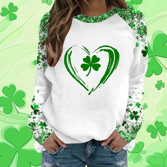 Inverlee St Patrick's Day Four Leaf Print Blouse for Women Trendy Casual Irish Themed Raglan Long Sleeve Shirts Breathable Loose Fit Celebratory Party Tee Tops