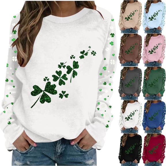Inverlee St Patrick's Day Irish Themed Long Sleeve Tunic Tops for Women Plus Size Four Leaf Clover Print Festive Blouse Trendy Casual Flowy Crewneck Tee Shirts