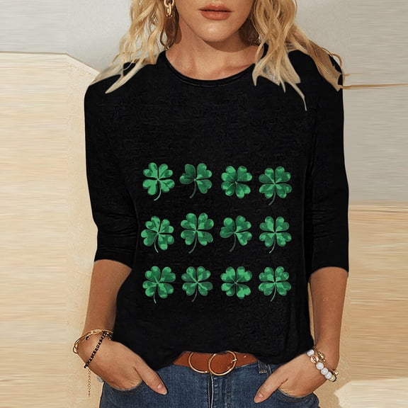 Inverlee St Patrick's Day Plus Size Blouse for Women Four Leaf Clover Print 3/4 Sleeve Tee Tops Trendy Irish Themed Celebratory Round Neck Shirts