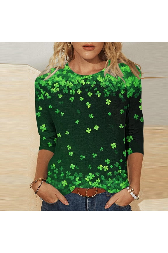 St Patrick's Day Plus Size Four Leaf Clover Tunic Shirts for Women Dressy Casual Festive Party 3/4 Sleeve Blouse Relax Fit Round Neck Holiday Tee Tops