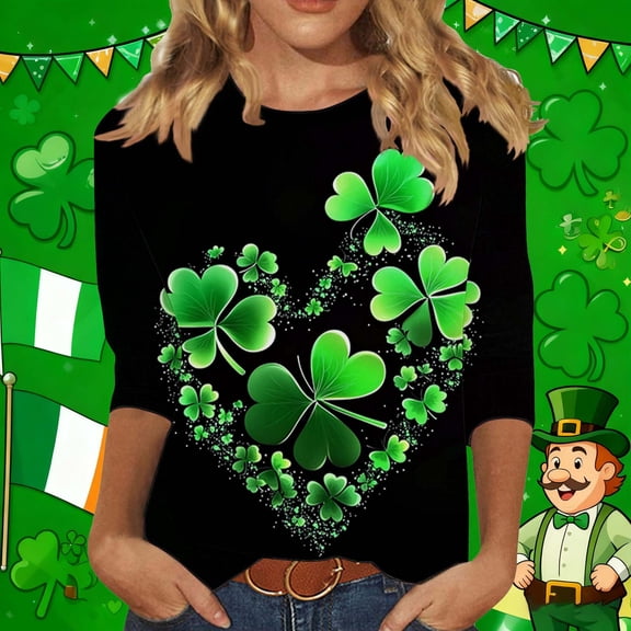 Inverlee St.Patrick's Day Plus Size Irish Themed Tunic Tops for Women Trendy Four Leaf Clover Print 3/4 Sleeve Blouse Casual Breathable Loose Fit Round Neck Festive Shirts