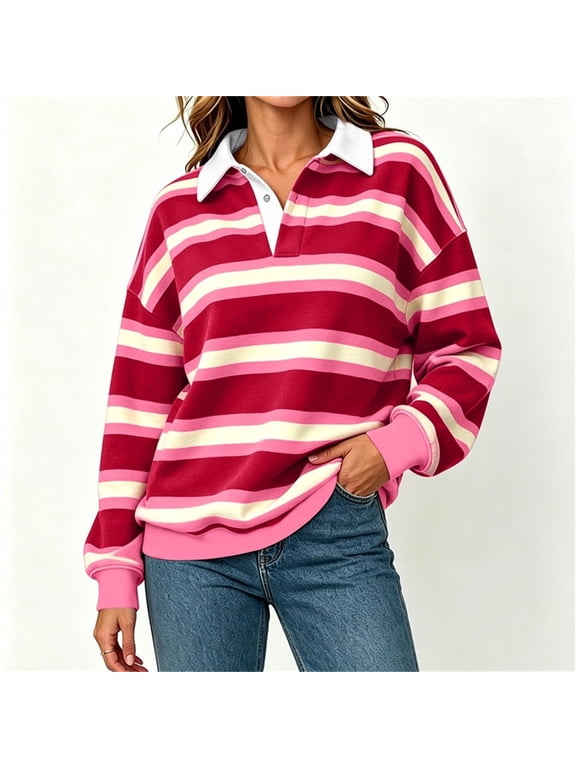 Striped Collared Tops for Women Button Collar Long Sleeve Tees Weekend Casual Pullovers Red XXL