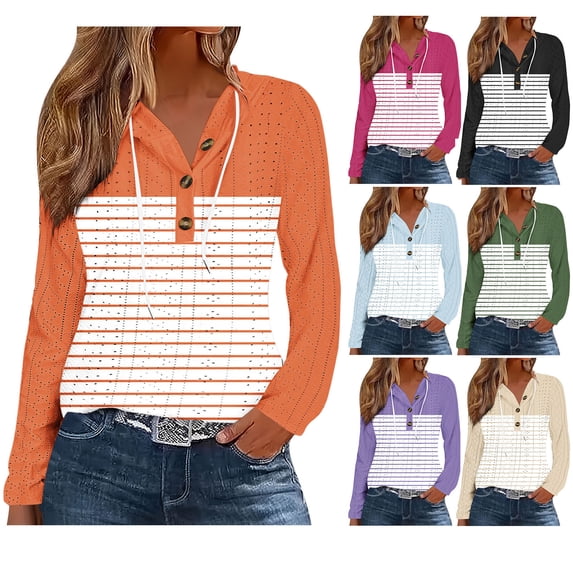 Inverlee Striped Patchwork Eyelet Henley Tops Drawstring Collar Button Placket Long Sleeve Loose Casual ShirtsOrange(S-XXL)