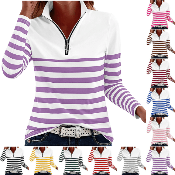 Inverlee Striped Quarter Zip Stand Collar Long Sleeve Tops for Women Figure Flattering Stretchy Nautical Pattern Blouses Office Commute Soft Breathable Daily Tees
