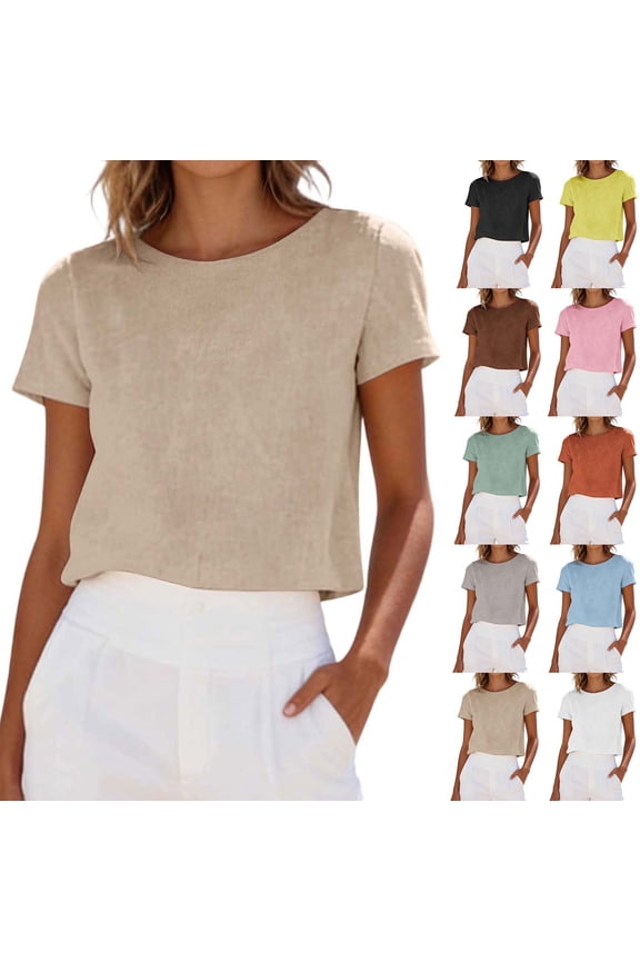 Summer Going Out Cotton Linen Tops for Women Short Sleeve Crewneck Cropped Tees Ladies Trendy Reversible Loose Lightweight Beach Blouses Khaki M