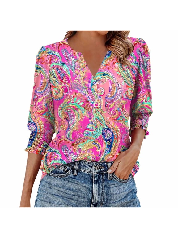 Summer Trendy Tops for Women Bubble Sleeve Paisley Print 3/4 Sleeve V Neck Blouses Boho Wear Flowy Fit Tees Hot Pink L