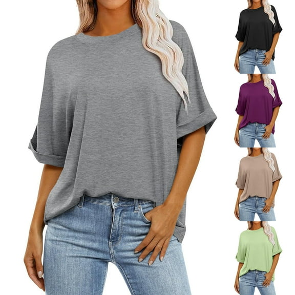 Inverlee T Shirts Women Crewneck Dressy Casual Short Sleeve Tops Loose Fit Solid Color Shirts Classic Work Tunic Blouse Tee