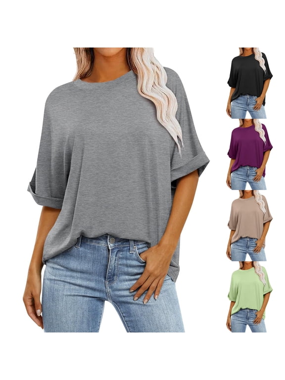 T Shirts Women Crewneck Dressy Casual Short Sleeve Tops Loose Fit Solid Color Shirts Classic Work Tunic Blouse Tee