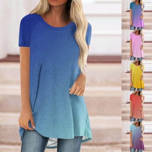 Inverlee T Shirts Women Crewneck Trendy Short Sleeve Tops Plus Size Gradient Print Shirts Comfy Elegant Tunic Blouse Tee