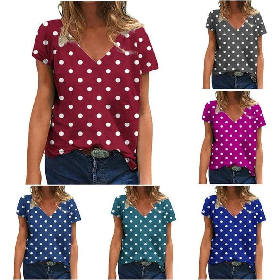 Inverlee T Shirts Women V Neck Dressy Casual Short Sleeve Tops Boho Dot Print Shirts Lightweight Vacation Tunic Blouse Tee Summer Fashion