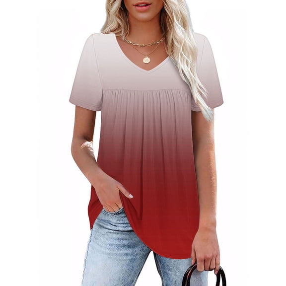 Inverlee T Shirts Women V Neck Summer Short Sleeve Tops Boho Gradient Print Shirts Flowy Work Tunic Blouse Tee