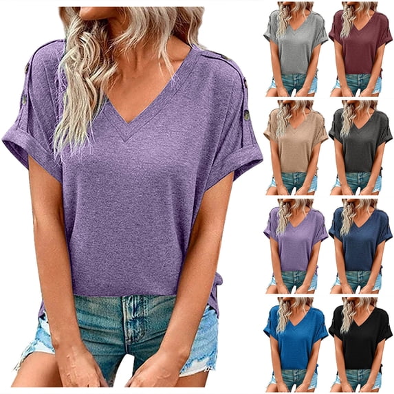 Inverlee T Shirts Women V Neck Trendy Short Sleeve Tops Cute Solid Color Shirts Soft Elegant Tunic Blouse Tee