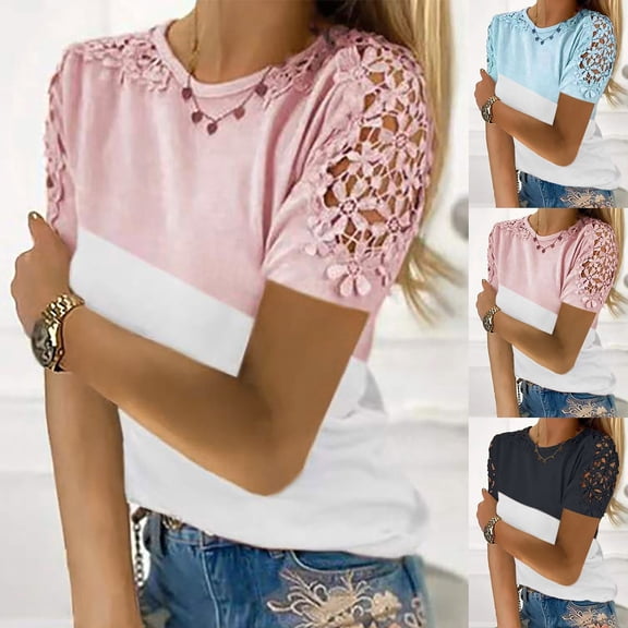 Inverlee T Shirts for Women Crewneck Dressy Casual Short Sleeve Tops Lace Boho Solid Color Shirts Soft Work Tunic Blouse Tee