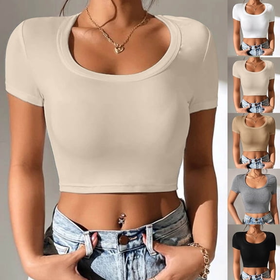 Inverlee T Shirts for Women Crewneck Dressy Casual Short Sleeve Tops Loose Fit Solid Color Shirts Breathable Holiday Tunic Blouse Tee