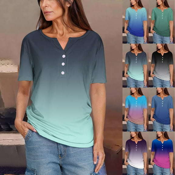 Inverlee T Shirts for Women V Neck Dressy Casual Short Sleeve Tops Cute Gradient Print Shirts Flowy Vacation Tunic Blouse Tee