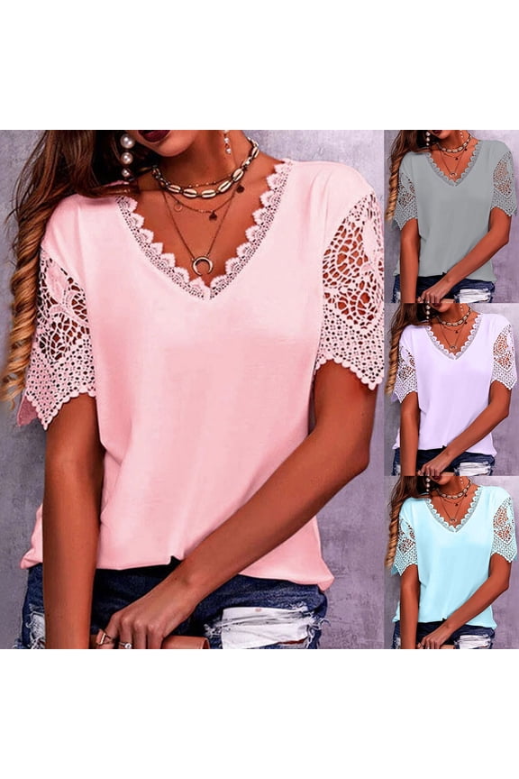 T Shirts for Women V Neck Dressy Casual Short Sleeve Tops Lace Boho Solid Color Shirts Breathable Elegant Tunic Blouse Tee