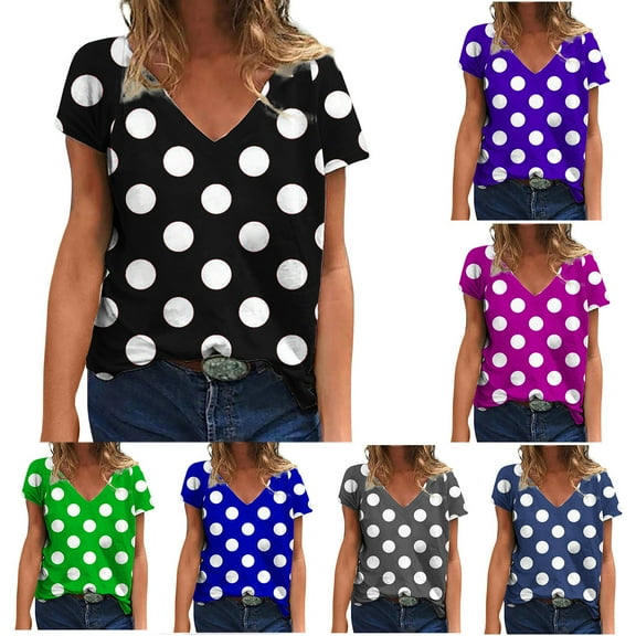 Inverlee T Shirts for Women V Neck Dressy Casual Short Sleeve Tops Plus Size Dot Print Shirts Comfy Holiday Tunic Blouse Tee