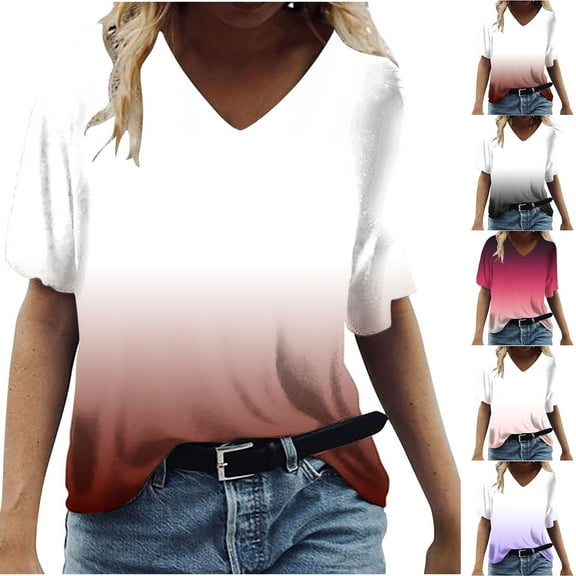 Inverlee T Shirts for Women V Neck Dressy Casual Short Sleeve Tops Plus Size Gradient Print Shirts Breathable Work Tunic Blouse Tee