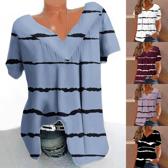 Inverlee T Shirts for Women V Neck Summer Short Sleeve Tops Boho Striped Print Shirts Soft Vacation Tunic Blouse Tee