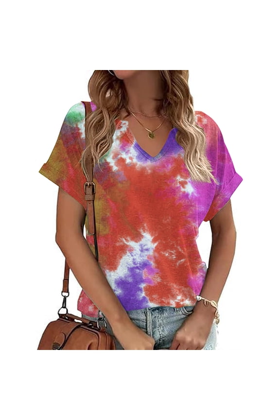 T Shirts for Women V Neck Summer Short Sleeve Tops Boho Tie Dye Shirts Flowy Holiday Tunic Blouse Tee