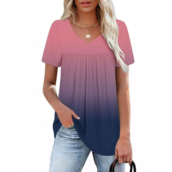 Inverlee T Shirts for Women V Neck Trendy Short Sleeve Tops Cute Gradient Print Shirts Lightweight Elegant Tunic Blouse Tee Summer Fashion