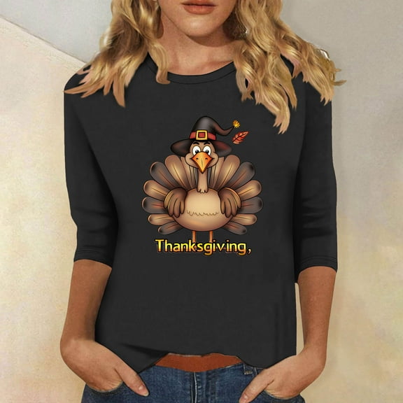 Inverlee Thanksgiving Shirts Women Cute Turkey Pumpkin Graphic Tees Comfy 3/4 Sleeve Loose Fit T-shirts Round Neck Holiday Blouse Tops