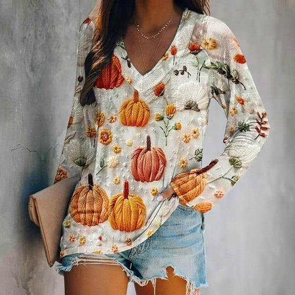 Inverlee Thanksgiving Shirts Women Cute Turkey Pumpkin Print Tees Trendy Raglan Sleeve Gifts T-shirts V Neck Dressy Casual Blouse Tops