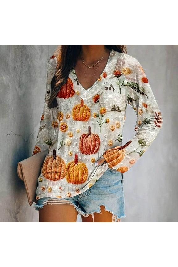 Thanksgiving Shirts Women Cute Turkey Pumpkin Print Tees Trendy Raglan Sleeve Gifts T-shirts V Neck Dressy Casual Blouse Tops