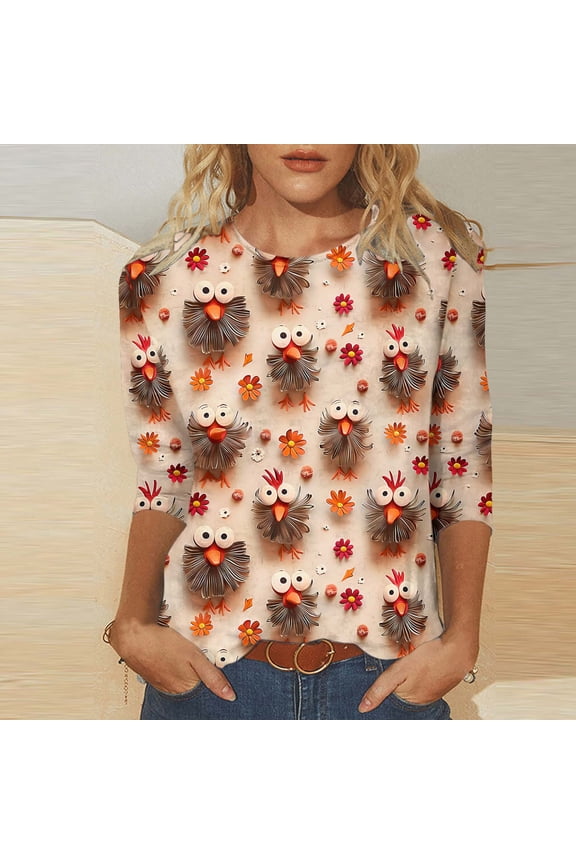 Thanksgiving Shirts for Women Funny Turkey Pumpkin Graphic Tees Fall 3/4 Sleeve Cotton T-shirts Round Neck Dressy Casual Blouse Tops