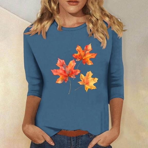 Inverlee Thanksgiving Shirts for Women Plus Size Turkey Pumpkin Graphic Tees Comfy 3/4 Sleeve Cotton T-shirts Round Neck Dressy Casual Blouse Tops