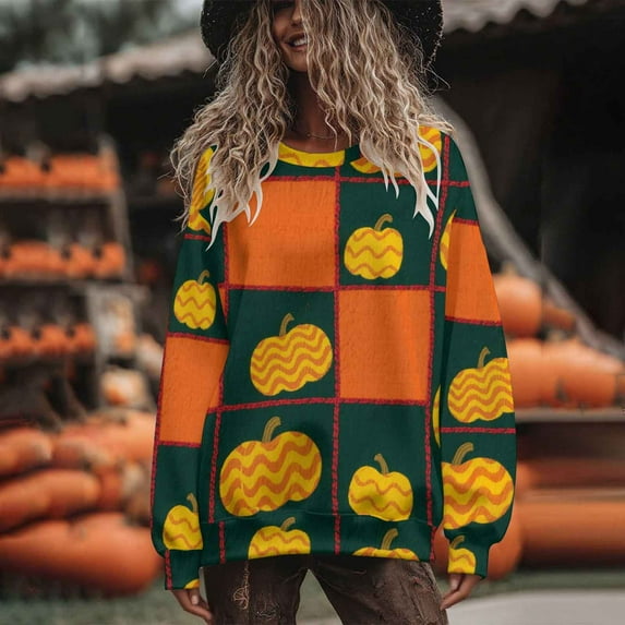 Inverlee Thanksgiving Sweatshirts Women Plus Size Turkey Pumpkin Graphic Sweatshirt Comfy Long Sleeve Soft Shirts Round Neck Tunic Pullover Tops