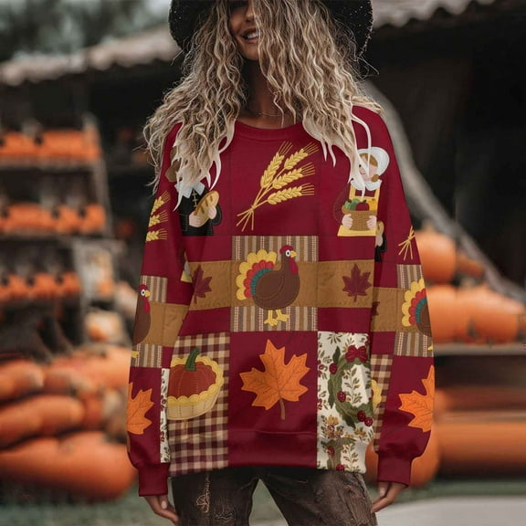 Inverlee Thanksgiving Sweatshirts for Women Funny Turkey Pumpkin Graphic Sweatshirt Fall Long Sleeve Soft Shirts Round Neck Tunic Pullover Tops