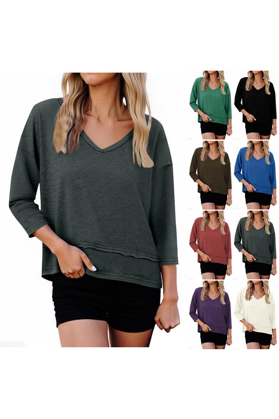 Trendy 3/4 Sleeve Shirts for Women Casual Solid V Neck Double Layers Tops Summer Comfy Loose Fit Blouse