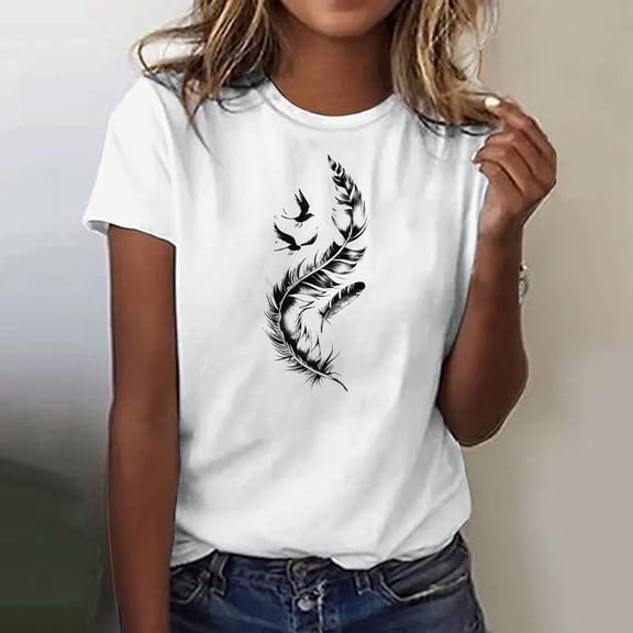Inverlee Trendy Feather Print Petite Tshirts for Women Summer Casual Round Neck Tops Basic Pull-on Short Sleeve Tee