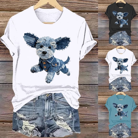 Inverlee Trendy Round Neck Shirts for Women Puppy Print Loose Short Sleeve Tops Summer Casual Blouse