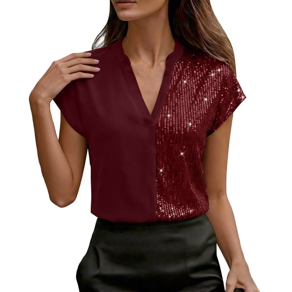 Inverlee Trendy Sequined Short Batwing Shirts for Women Dressy Solid V Neck Tops Summer Casual Blouse