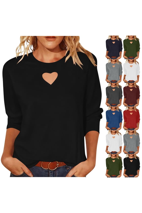 Trendy Solid 3/4 Sleeve Blouse for Women Basic Round Neck Tops Summer Casual Shirts with Heart-shaped cutout neckline